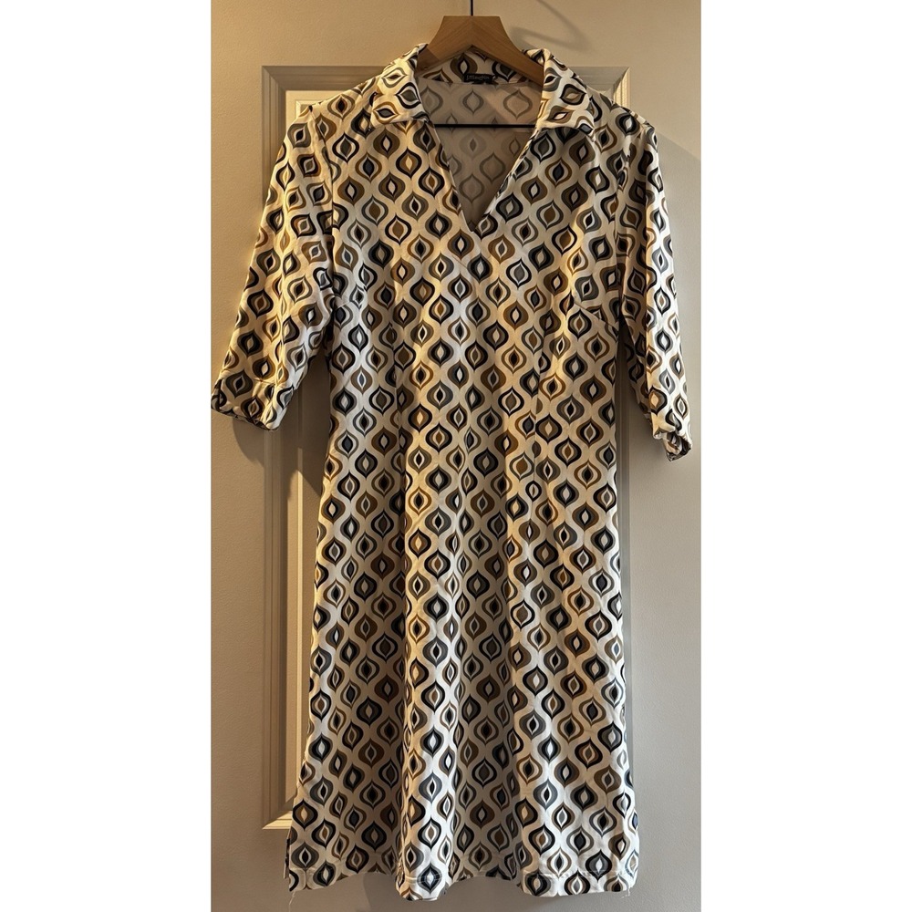 J McLaughlin Geo Print Dress Medium Collared Shift Knee Length 3/4 Sleeve